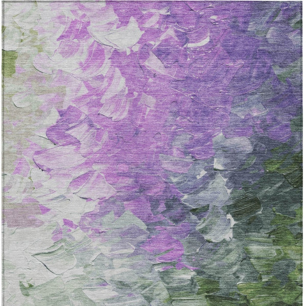 HomeRoots 5' Abstract Washable Indoor Outdoor Area Rug in Purple, Olive Green & Silver – Modern Design & Easy Care 5' X 8' 617366