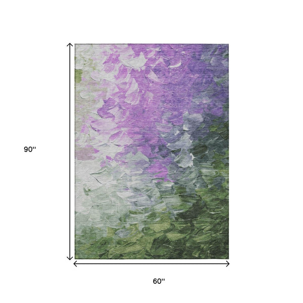 HomeRoots 5' Abstract Washable Indoor Outdoor Area Rug in Purple, Olive Green & Silver – Modern Design & Easy Care 5' X 8' 617366