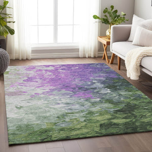 HomeRoots 5' Abstract Washable Indoor Outdoor Area Rug in Purple, Olive Green & Silver – Modern Design & Easy Care 5' X 8' 617366