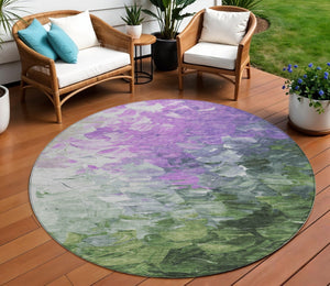 HomeRoots 5' Abstract Washable Indoor Outdoor Area Rug in Purple, Olive Green & Silver – Modern Design & Easy Care 8' Round 617367