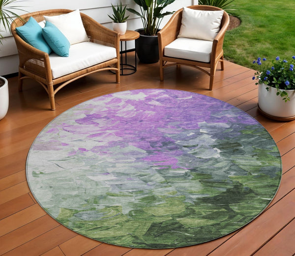HomeRoots 5' Abstract Washable Indoor Outdoor Area Rug in Purple, Olive Green & Silver – Modern Design & Easy Care 8' Round 617367