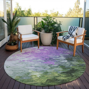 HomeRoots 5' Abstract Washable Indoor Outdoor Area Rug in Purple, Olive Green & Silver – Modern Design & Easy Care 8' Round 617367