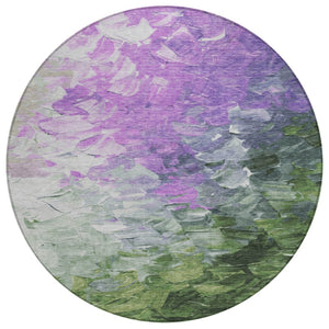 HomeRoots 5' Abstract Washable Indoor Outdoor Area Rug in Purple, Olive Green & Silver – Modern Design & Easy Care 8' Round 617367