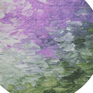 HomeRoots 5' Abstract Washable Indoor Outdoor Area Rug in Purple, Olive Green & Silver – Modern Design & Easy Care 8' Round 617367