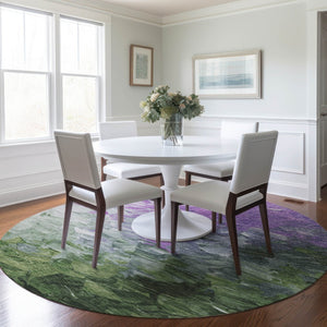 HomeRoots 5' Abstract Washable Indoor Outdoor Area Rug in Purple, Olive Green & Silver – Modern Design & Easy Care 8' Round 617367