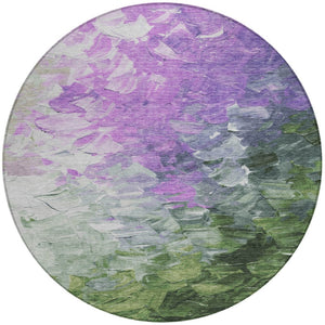 HomeRoots 5' Abstract Washable Indoor Outdoor Area Rug in Purple, Olive Green & Silver – Modern Design & Easy Care 8' Round 617367