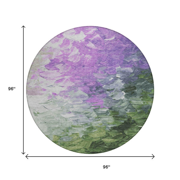 HomeRoots 5' Abstract Washable Indoor Outdoor Area Rug in Purple, Olive Green & Silver – Modern Design & Easy Care 8' Round 617367