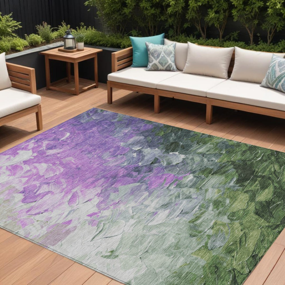 HomeRoots 5' Abstract Washable Indoor Outdoor Area Rug in Purple, Olive Green & Silver – Modern Design & Easy Care 9' X 12' 617369
