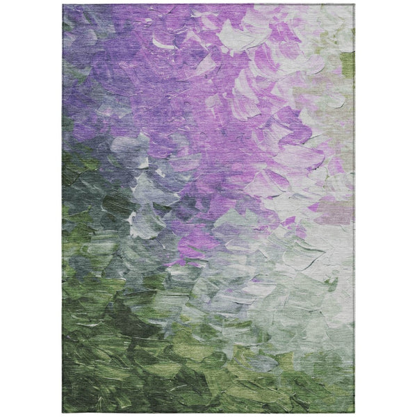 HomeRoots 5' Abstract Washable Indoor Outdoor Area Rug in Purple, Olive Green & Silver – Modern Design & Easy Care 9' X 12' 617369