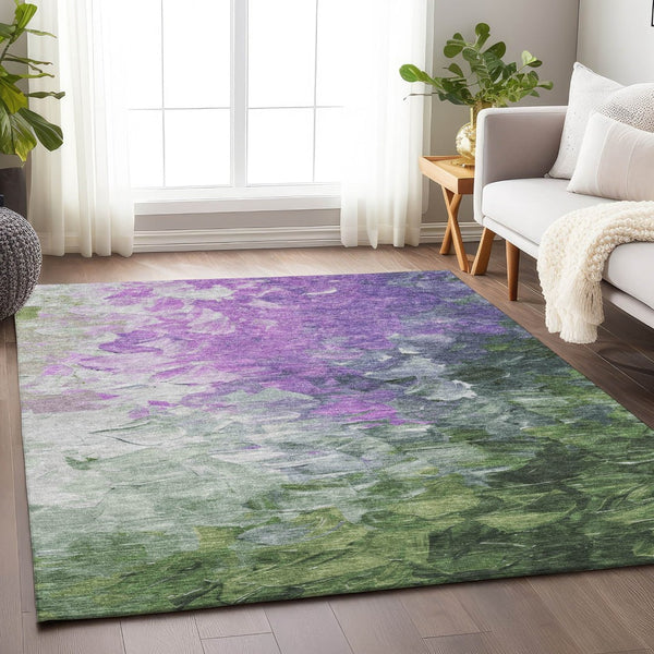 HomeRoots 5' Abstract Washable Indoor Outdoor Area Rug in Purple, Olive Green & Silver – Modern Design & Easy Care 9' X 12' 617369