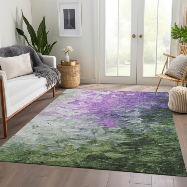 HomeRoots 5' Abstract Washable Indoor Outdoor Area Rug in Purple, Olive Green & Silver – Modern Design & Easy Care 10' X 14' 617370