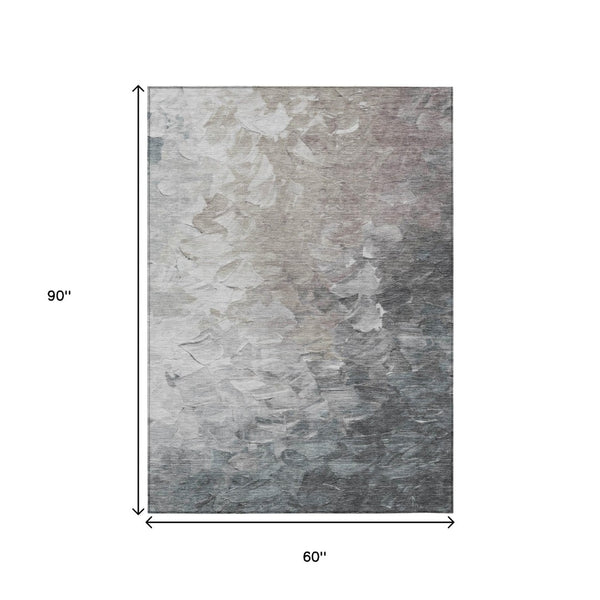 HomeRoots 5' Versatile Taupe Brown & Silver Abstract Washable Area Rug for Indoor/Outdoor Spaces 5' X 8' 617372