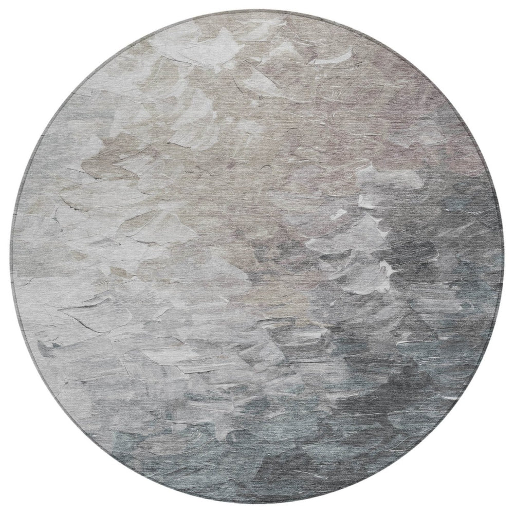 HomeRoots 5' Versatile Taupe Brown & Silver Abstract Washable Area Rug for Indoor/Outdoor Spaces 8' Round 617373