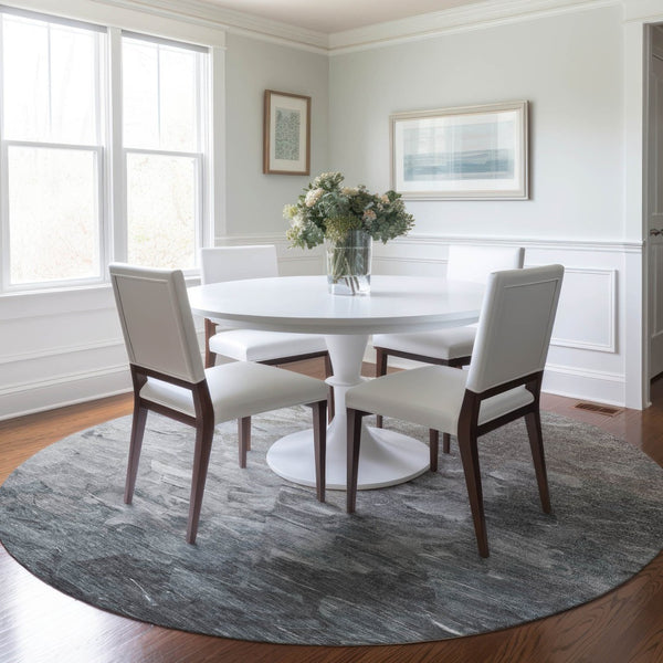 HomeRoots 5' Versatile Taupe Brown & Silver Abstract Washable Area Rug for Indoor/Outdoor Spaces 8' Round 617373