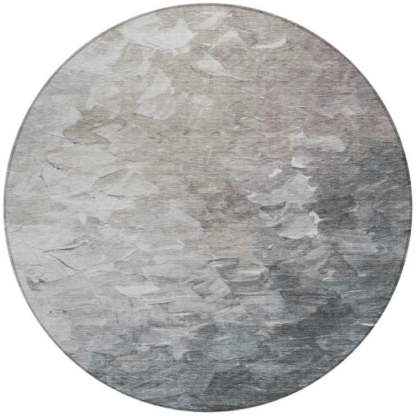 HomeRoots 5' Versatile Taupe Brown & Silver Abstract Washable Area Rug for Indoor/Outdoor Spaces 8' Round 617373