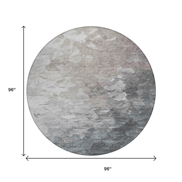 HomeRoots 5' Versatile Taupe Brown & Silver Abstract Washable Area Rug for Indoor/Outdoor Spaces 8' Round 617373
