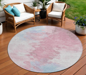 HomeRoots 5' Stylish Blush Ivory and Blue Abstract Area Rug – Washable, Durable, Indoor/Outdoor Elegance 8' Round 617391