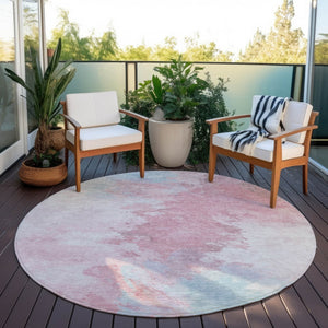 HomeRoots 5' Stylish Blush Ivory and Blue Abstract Area Rug – Washable, Durable, Indoor/Outdoor Elegance 8' Round 617391