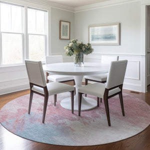 HomeRoots 5' Stylish Blush Ivory and Blue Abstract Area Rug – Washable, Durable, Indoor/Outdoor Elegance 8' Round 617391