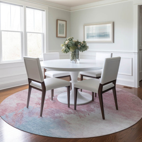 HomeRoots 5' Stylish Blush Ivory and Blue Abstract Area Rug – Washable, Durable, Indoor/Outdoor Elegance 8' Round 617391