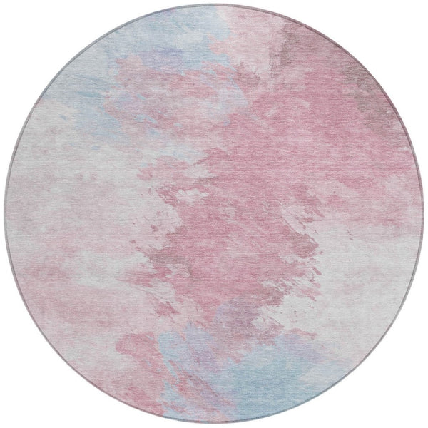 HomeRoots 5' Stylish Blush Ivory and Blue Abstract Area Rug – Washable, Durable, Indoor/Outdoor Elegance 8' Round 617391
