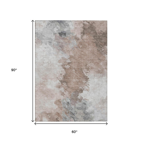 HomeRoots 5' Abstract Washable Area Rug in Brown, Ivory & Gray – Durable, Stylish for Indoor & Outdoor Spaces 5' X 8' 617408