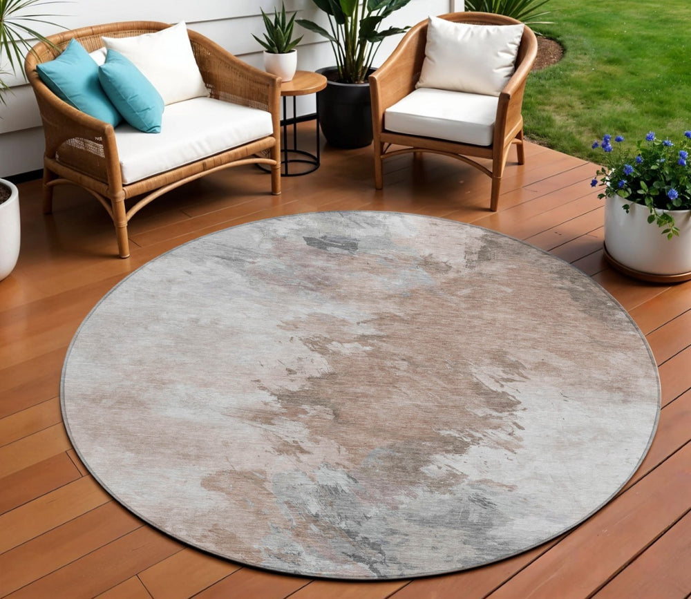 HomeRoots 5' Abstract Washable Area Rug in Brown, Ivory & Gray – Durable, Stylish for Indoor & Outdoor Spaces 8' Round 617409