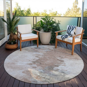 HomeRoots 5' Abstract Washable Area Rug in Brown, Ivory & Gray – Durable, Stylish for Indoor & Outdoor Spaces 8' Round 617409