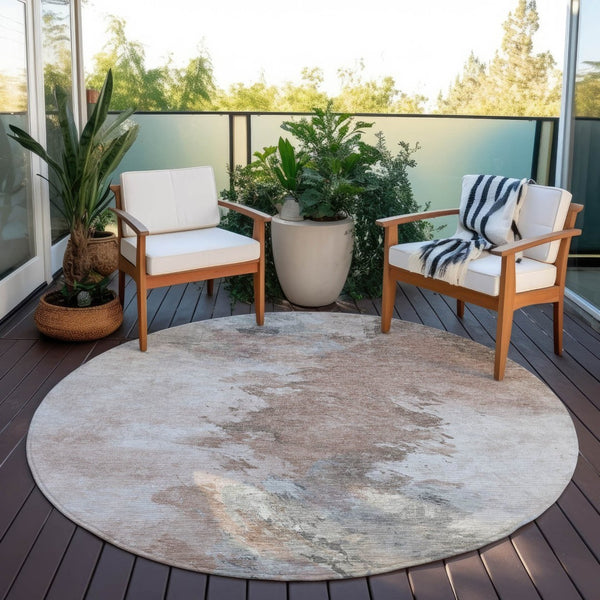 HomeRoots 5' Abstract Washable Area Rug in Brown, Ivory & Gray – Durable, Stylish for Indoor & Outdoor Spaces 8' Round 617409