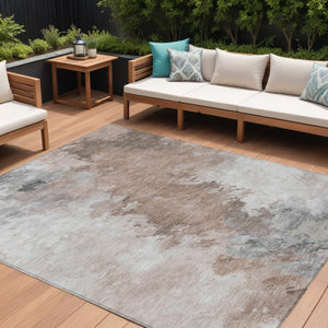 HomeRoots 5' Abstract Washable Area Rug in Brown, Ivory & Gray – Durable, Stylish for Indoor & Outdoor Spaces 10' X 14' 617412