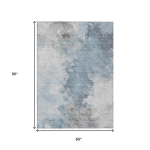HomeRoots 5' Abstract Sky Blue Gray Ivory Washable Area Rug for Indoor & Outdoor High-Traffic Spaces 5' X 8' 617420