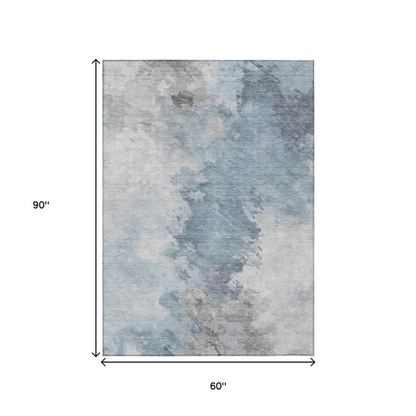 HomeRoots 5' Abstract Sky Blue Gray Ivory Washable Area Rug for Indoor & Outdoor High-Traffic Spaces 5' X 8' 617420