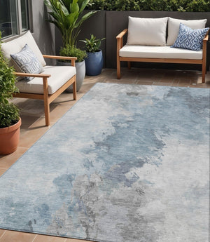 HomeRoots 5' Abstract Sky Blue Gray Ivory Washable Area Rug for Indoor & Outdoor High-Traffic Spaces 5' X 8' 617420