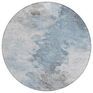 HomeRoots 5' Abstract Sky Blue Gray Ivory Washable Area Rug for Indoor & Outdoor High-Traffic Spaces 8' Round 617421
