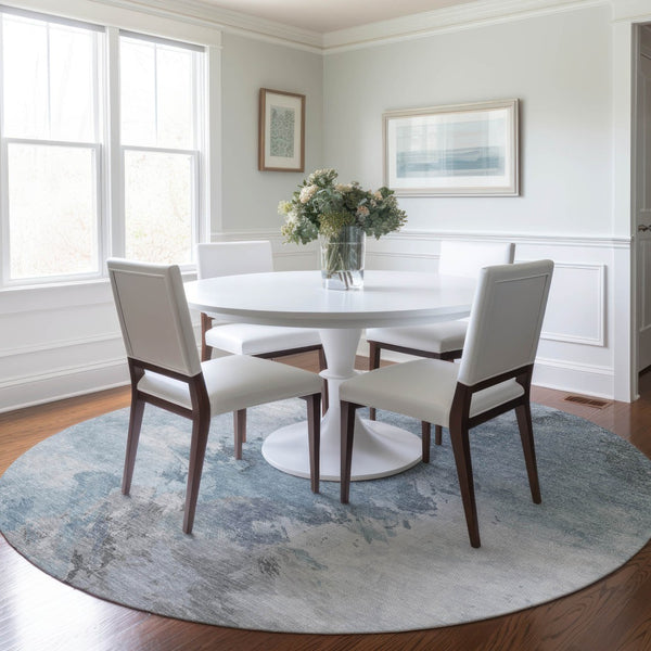 HomeRoots 5' Abstract Sky Blue Gray Ivory Washable Area Rug for Indoor & Outdoor High-Traffic Spaces 8' Round 617421
