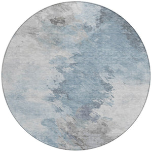 HomeRoots 5' Abstract Sky Blue Gray Ivory Washable Area Rug for Indoor & Outdoor High-Traffic Spaces 8' Round 617421