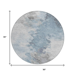 HomeRoots 5' Abstract Sky Blue Gray Ivory Washable Area Rug for Indoor & Outdoor High-Traffic Spaces 8' Round 617421