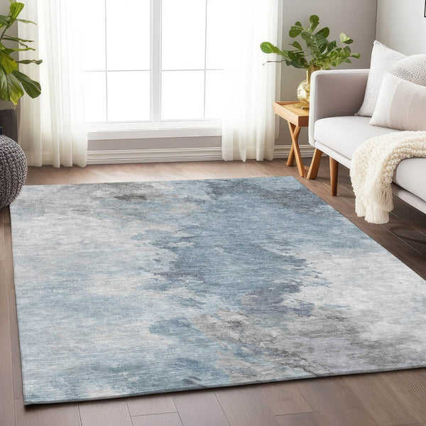 HomeRoots 5' Abstract Sky Blue Gray Ivory Washable Area Rug for Indoor & Outdoor High-Traffic Spaces 8' X 10' 617422