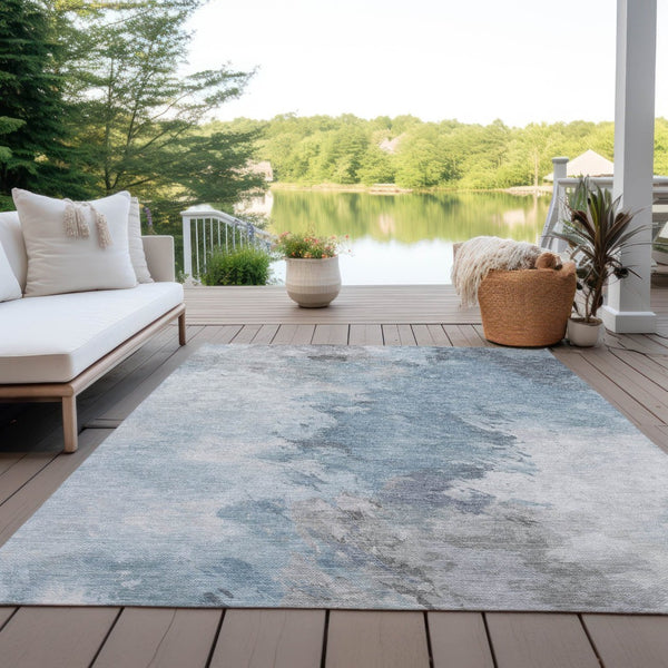 HomeRoots 9' X 12' Sky Blue Gray Ivory Abstract Rug - Washable, Durable, Indoor/Outdoor Style for High-Traffic Areas 617423