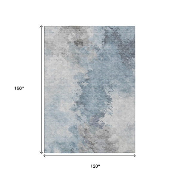 HomeRoots 5' Abstract Sky Blue Gray Ivory Washable Area Rug for Indoor & Outdoor High-Traffic Spaces 10' X 14' 617424