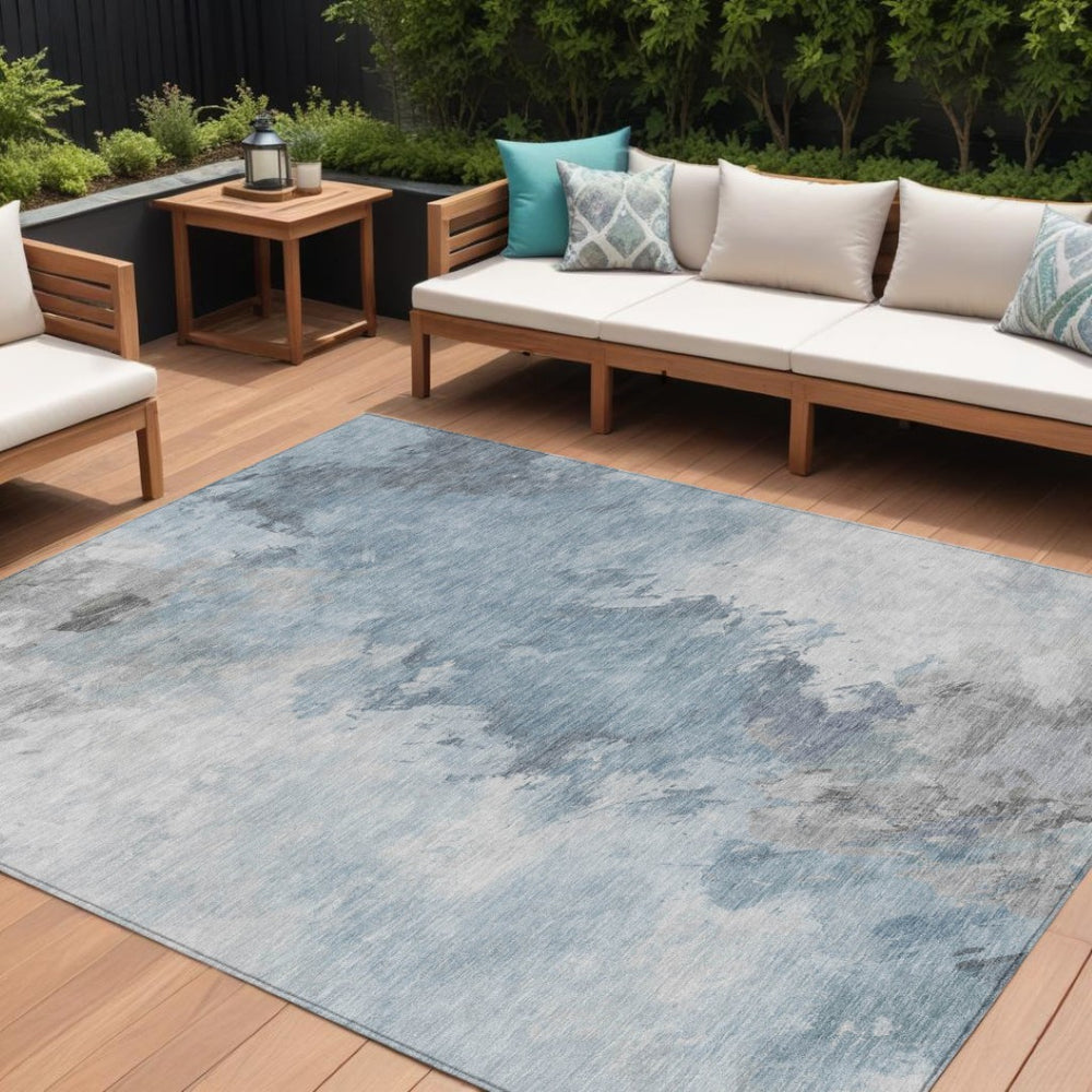 HomeRoots 5' Abstract Sky Blue Gray Ivory Washable Area Rug for Indoor & Outdoor High-Traffic Spaces 10' X 14' 617424