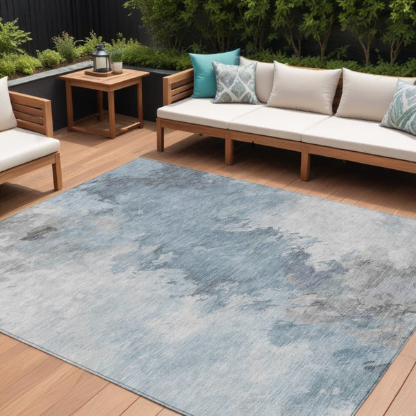 HomeRoots 5' Abstract Sky Blue Gray Ivory Washable Area Rug for Indoor & Outdoor High-Traffic Spaces 10' X 14' 617424