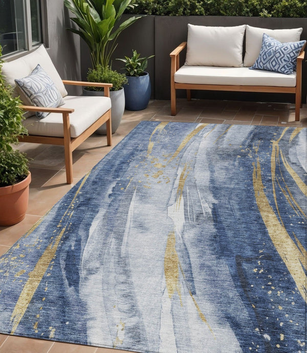 HomeRoots 5' Modern Blue Gold Ivory Abstract Washable Area Rug for Indoor Outdoor High-Traffic Spaces 5' X 8' 617426