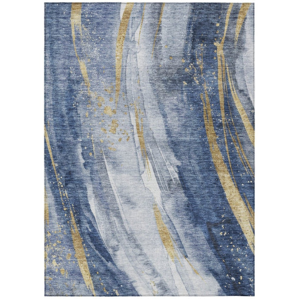 HomeRoots 5' Modern Blue Gold Ivory Abstract Washable Area Rug for Indoor Outdoor High-Traffic Spaces 5' X 8' 617426
