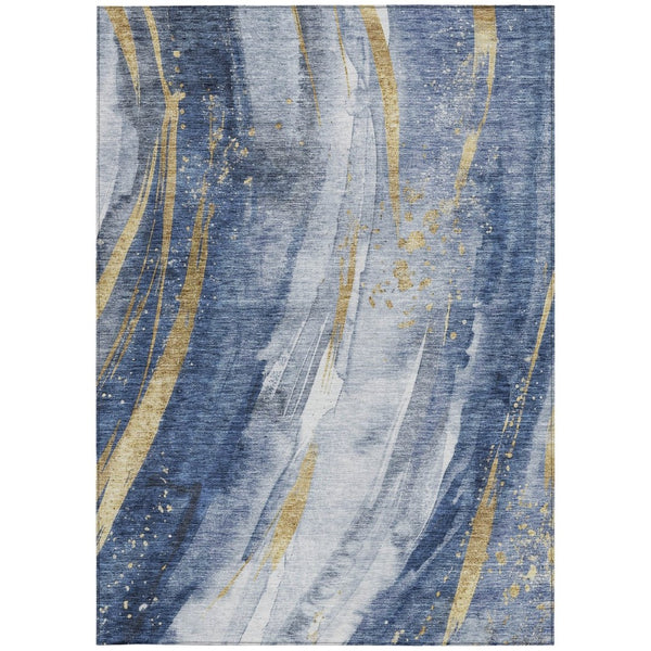 HomeRoots 5' Modern Blue Gold Ivory Abstract Washable Area Rug for Indoor Outdoor High-Traffic Spaces 5' X 8' 617426