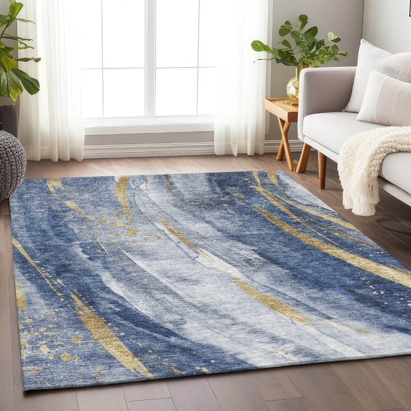 HomeRoots 5' Modern Blue Gold Ivory Abstract Washable Area Rug for Indoor Outdoor High-Traffic Spaces 5' X 8' 617426