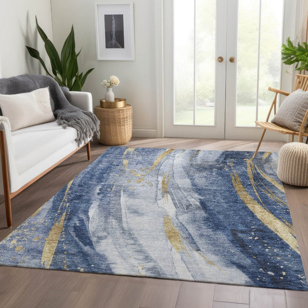 HomeRoots 5' Modern Blue Gold Ivory Abstract Washable Area Rug for Indoor Outdoor High-Traffic Spaces 5' X 8' 617426