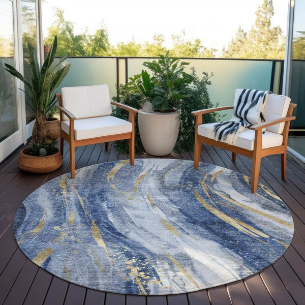HomeRoots 5' Modern Blue Gold Ivory Abstract Washable Area Rug for Indoor Outdoor High-Traffic Spaces 8' Round 617427