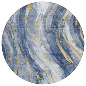 HomeRoots 5' Modern Blue Gold Ivory Abstract Washable Area Rug for Indoor Outdoor High-Traffic Spaces 8' Round 617427