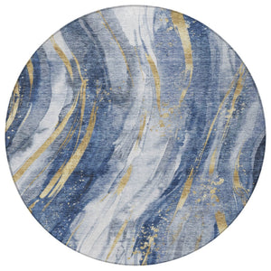 HomeRoots 5' Modern Blue Gold Ivory Abstract Washable Area Rug for Indoor Outdoor High-Traffic Spaces 8' Round 617427